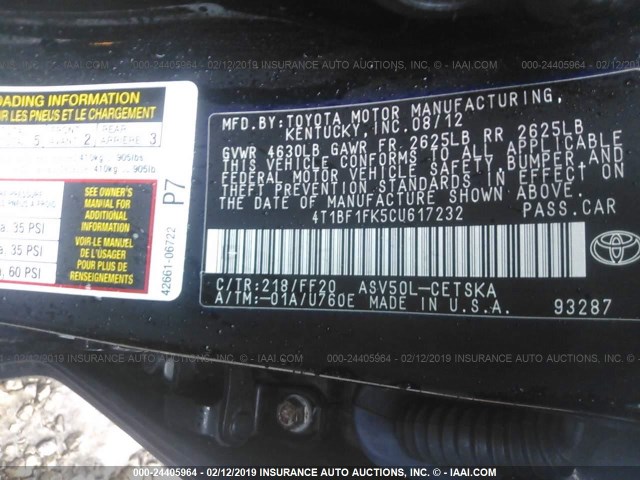 4T1BF1FK5CU617232 - 2012 TOYOTA CAMRY SE/LE/XLE 黑色 照片 9