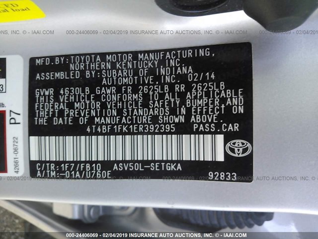 4T4BF1FK1ER392395 - 2014 TOYOTA CAMRY L/SE/LE/XLE SILVER photo 9
