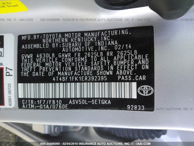 4T4BF1FK1ER392395 - 2014 TOYOTA CAMRY L/SE/LE/XLE 银色 照片 9