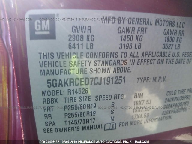 5GAKRCED7CJ191251 - 2012 BUICK ENCLAVE RED photo 9