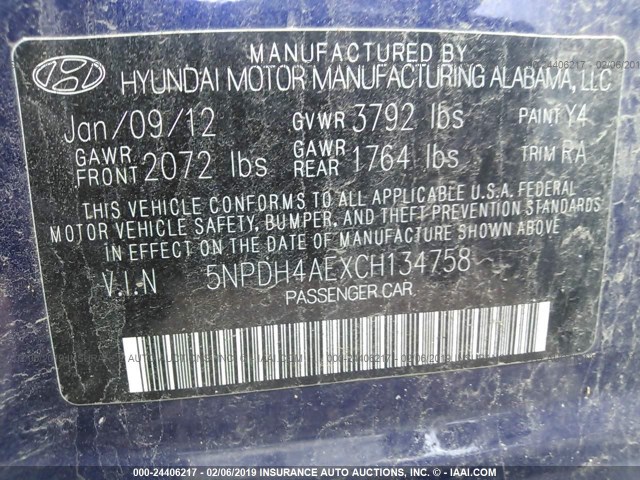 5NPDH4AEXCH134758 - 2012 HYUNDAI ELANTRA GLS/LIMITED BLUE photo 9