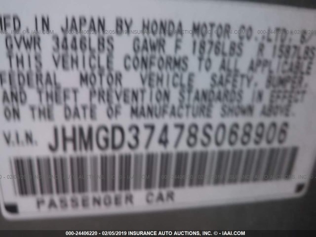 JHMGD37478S068906 - 2008 HONDA FIT GRAY photo 9