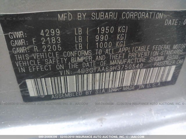 4S3GTAA69H3750540 - 2017 SUBARU IMPREZA SILVER photo 9