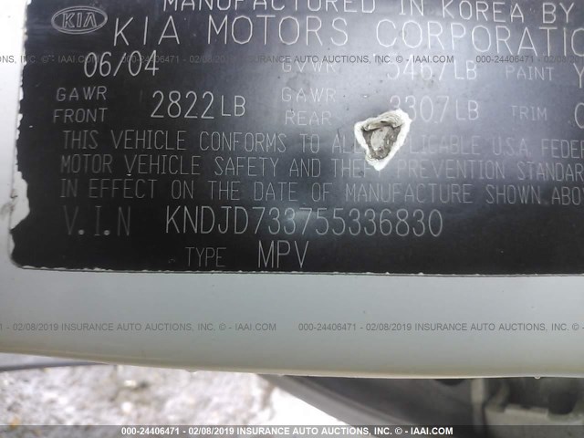 KNDJD733755336830 - 2005 KIA SORENTO EX/LX WHITE photo 9