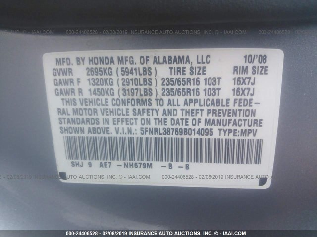 5FNRL38769B014095 - 2009 HONDA ODYSSEY EXL BLUE photo 9