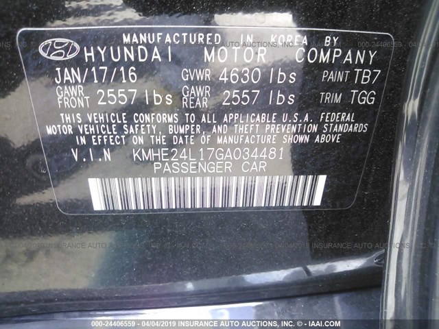 KMHE24L17GA034481 - 2016 HYUNDAI SONATA HYBRID/SE BLACK photo 9