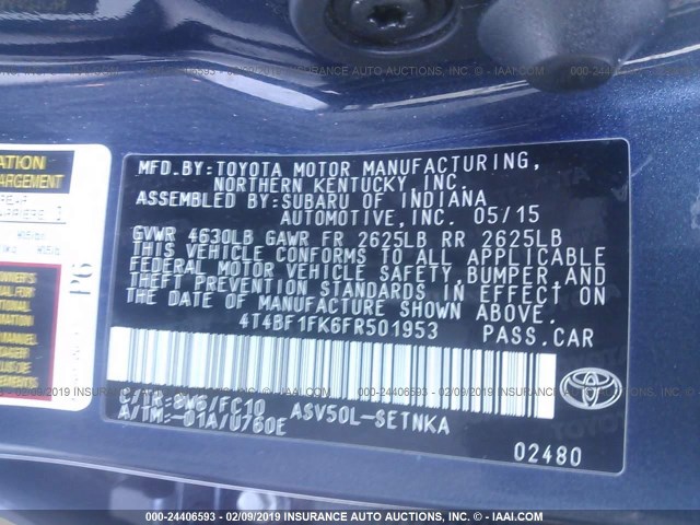 4T4BF1FK6FR501953 - 2015 TOYOTA CAMRY LE/XLE/SE/XSE მუქი ლურჯი ფოტო 9