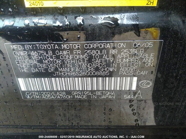 JTHCH96S260008885 - 2006 LEXUS GS GENERATION 200 300 BLACK photo 9