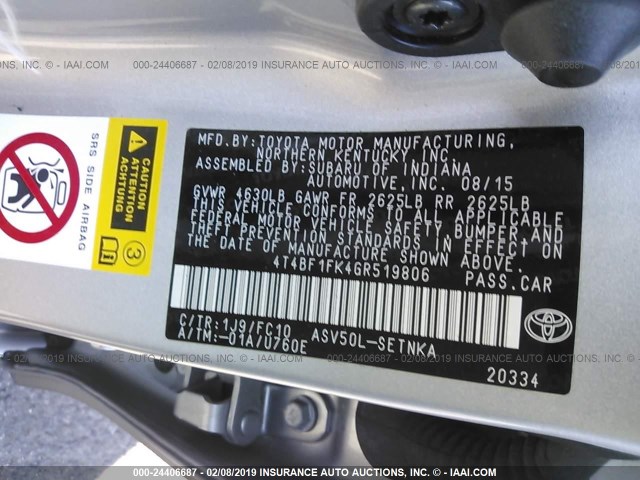 4T4BF1FK4GR519806 - 2016 TOYOTA CAMRY LE/XLE/SE/XSE SILVER photo 9