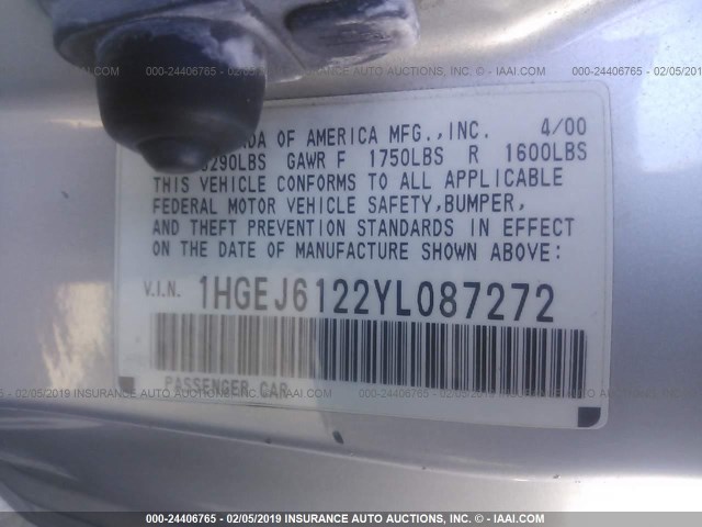 1HGEJ6122YL087272 - 2000 HONDA CIVIC DX SILVER photo 9