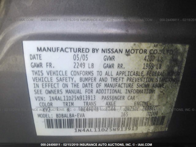 1N4AL11D25N913913 - 2005 NISSAN ALTIMA S/SL GOLD photo 9