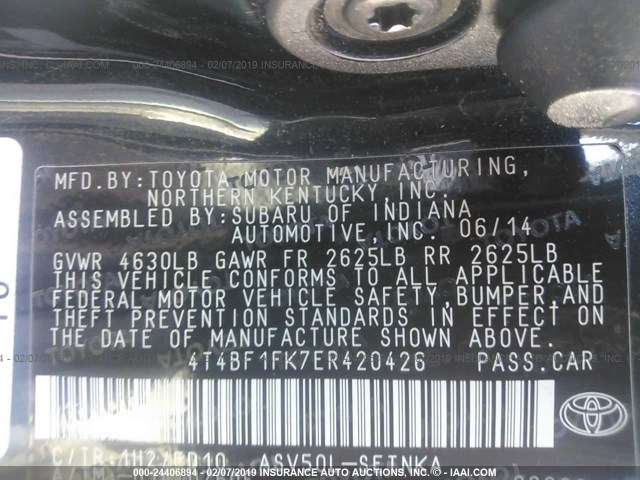 4T4BF1FK7ER420426 - 2014 TOYOTA CAMRY L/SE/LE/XLE 黑色 照片 9