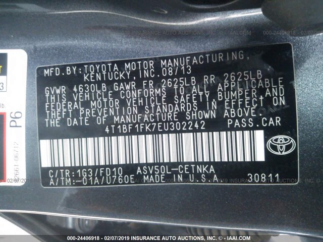 4T1BF1FK7EU302242 - 2014 TOYOTA CAMRY L/SE/LE/XLE ნაცრისფერი ფოტო 9