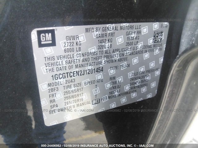 1GCGTCEN2J1201454 - 2018 CHEVROLET COLORADO LT BLACK photo 9