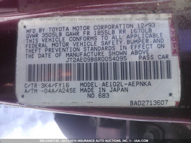 JT2AE09B8R0054095 - 1994 TOYOTA COROLLA LE/DX BURGUNDY photo 9