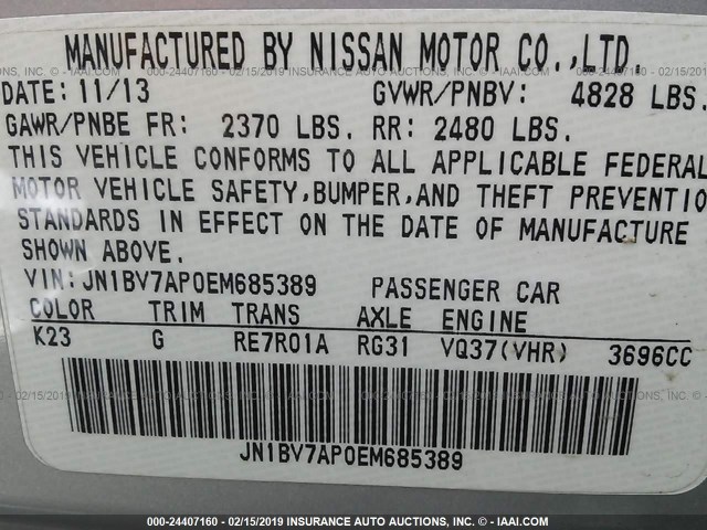 JN1BV7AP0EM685389 - 2014 INFINITI Q50 PREMIUM/SPORT SILVER photo 9