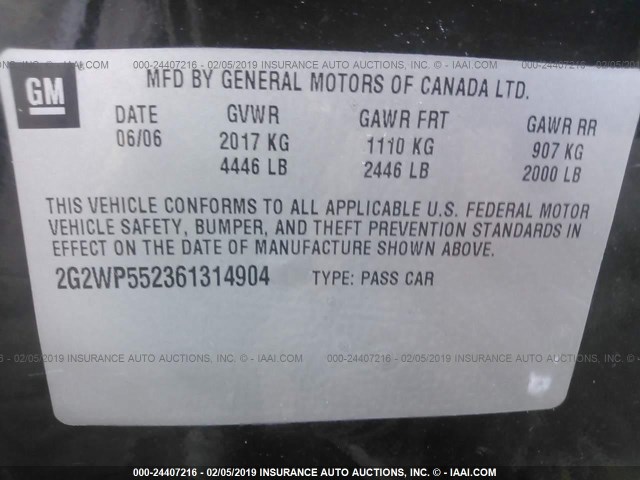 2G2WP552361314904 - 2006 PONTIAC GRAND PRIX BLACK photo 9