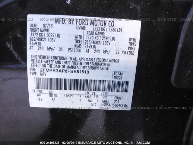 2FMPK3AP8FBB81518 - 2015 FORD EDGE SPORT BLACK photo 9