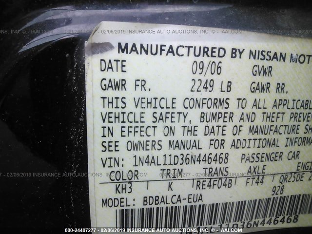 1N4AL11D36N446468 - 2006 NISSAN ALTIMA S/SL BLACK photo 9