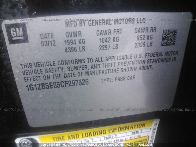 1G1ZB5E05CF297526 - 2012 CHEVROLET MALIBU LS BLACK photo 9