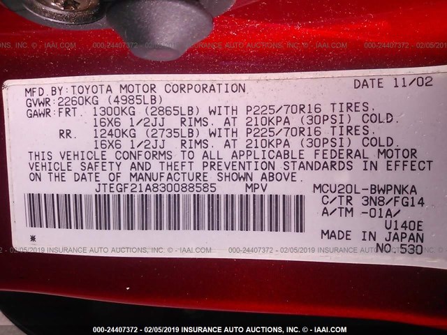 JTEGF21A830088585 - 2003 TOYOTA HIGHLANDER LIMITED ORANGE photo 9