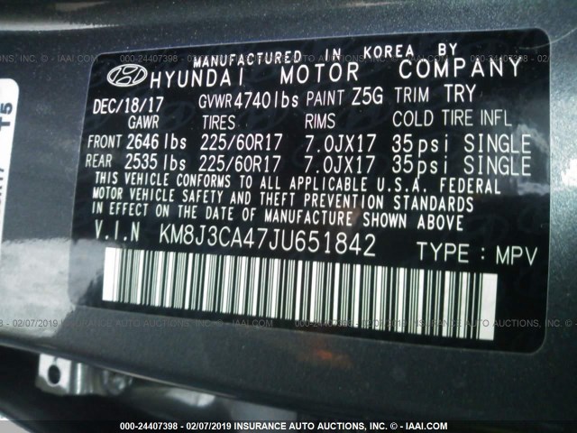 KM8J3CA47JU651842 - 2018 HYUNDAI TUCSON LIMITED/SPORT AND ECO/SE GRAY photo 9