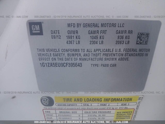 1G1ZA5EU9CF395643 - 2012 CHEVROLET MALIBU LS WHITE photo 9