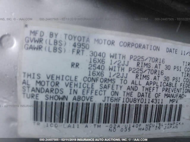 JT6HF10U8Y0114311 - 2000 LEXUS RX 300 SILVER photo 9