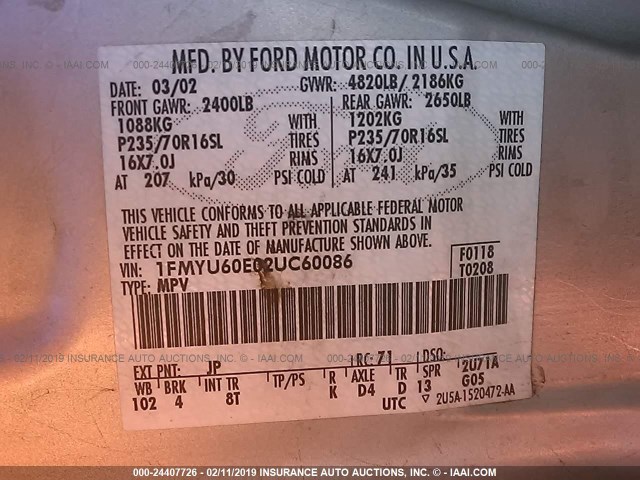 1FMYU60E02UC60086 - 2002 FORD EXPLORER SPORT SILVER photo 9