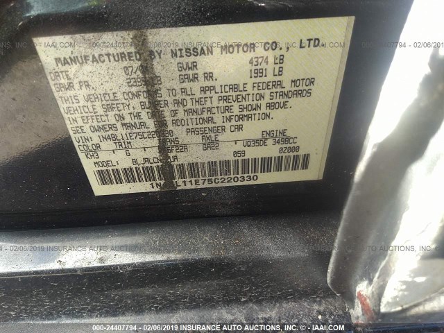 1N4BL11E75C220330 - 2005 NISSAN ALTIMA SE/SL/SE-R BLACK photo 9