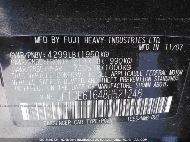 JF1GE61648H521246 - 2008 SUBARU IMPREZA 2.5I GRAY photo 9