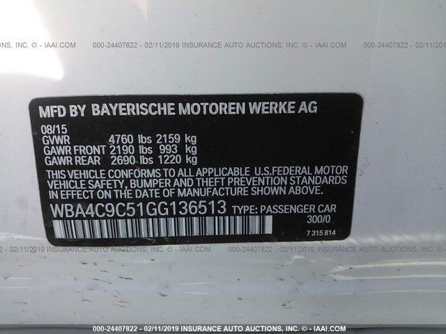 WBA4C9C51GG136513 - 2016 BMW 428 XI/GRAN COUPE/SULEV WHITE photo 9