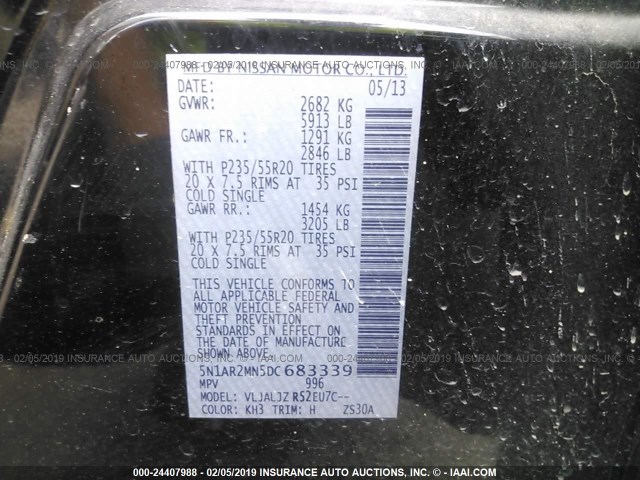 5N1AR2MN5DC683339 - 2013 NISSAN PATHFINDER S/SV/SL/PLATINUM BLACK photo 9