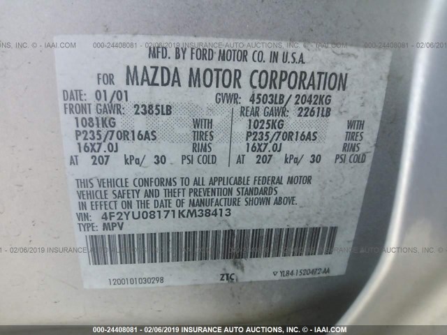 4F2YU08171KM38413 - 2001 MAZDA TRIBUTE LX/ES SILVER photo 9