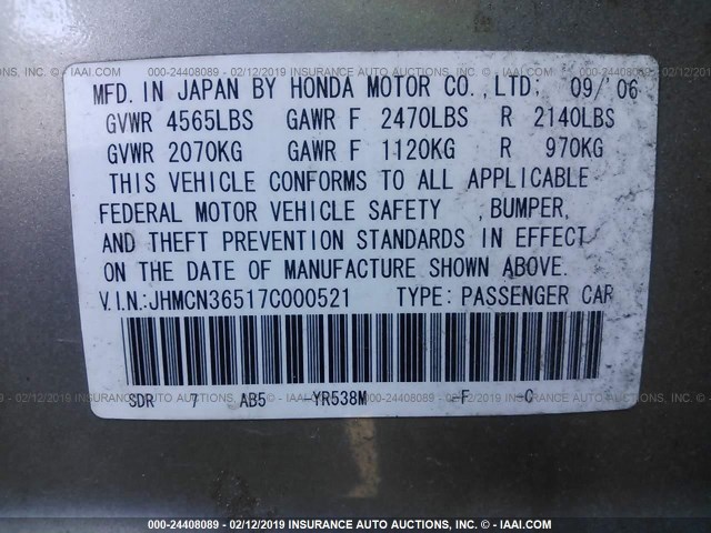 JHMCN36517C000521 - 2007 HONDA ACCORD HYBRID GOLD photo 9