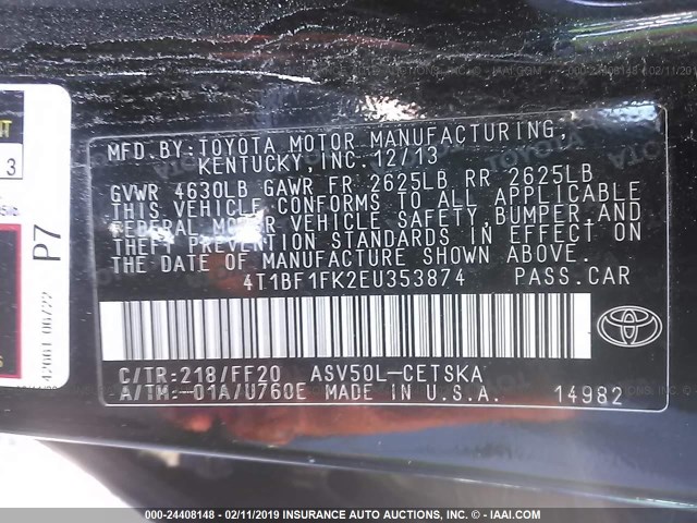 4T1BF1FK2EU353874 - 2014 TOYOTA CAMRY L/SE/LE/XLE 黑色 照片 9