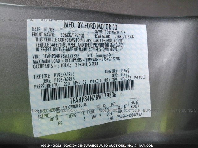 1FAHP34N78W179836 - 2008 FORD FOCUS S/SE SILVER photo 9