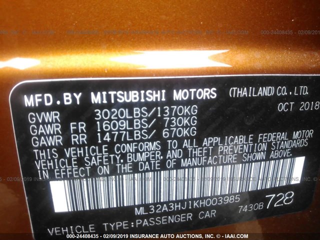 ML32A3HJ1KH003985 - 2019 MITSUBISHI MIRAGE ES ORANGE photo 9