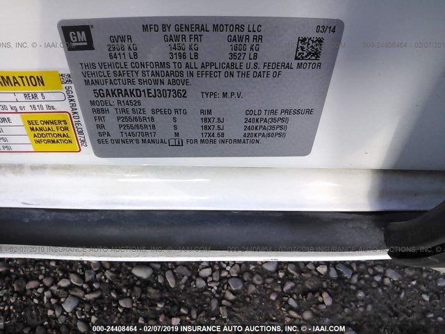 5GAKRAKD1EJ307362 - 2014 BUICK ENCLAVE WHITE photo 9