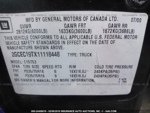 2GCEC19TX11118448 - 2001 CHEVROLET SILVERADO C1500 BLUE photo 9