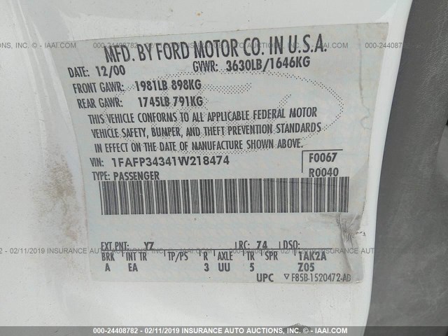 1FAFP34341W218474 - 2001 FORD FOCUS SE/SE SPORT WHITE photo 9