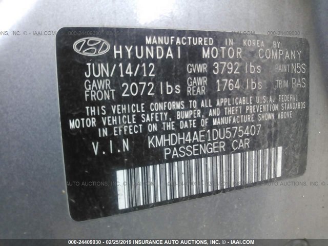 KMHDH4AE1DU575407 - 2013 HYUNDAI ELANTRA GLS/LIMITED SILVER photo 9