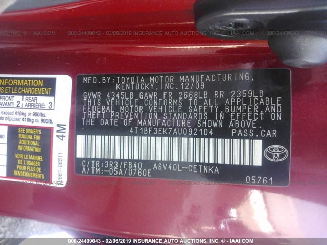 4T1BF3EK7AU092104 - 2010 TOYOTA CAMRY SE/LE/XLE 红色 照片 9