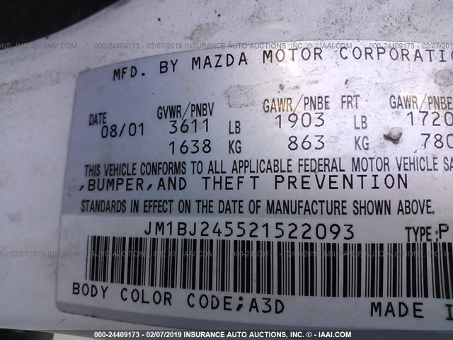 JM1BJ245521522093 - 2002 MAZDA PROTEGE PR5 WHITE photo 9