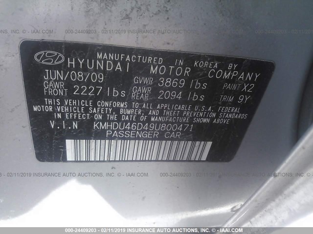 KMHDU46D49U800471 - 2009 HYUNDAI ELANTRA GLS/SE SILVER photo 9