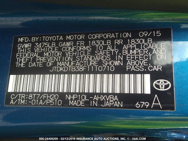 JTDKDTB38F1110710 - 2015 TOYOTA PRIUS C BLUE photo 9