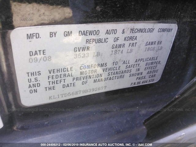 KL1TD56E79B392677 - 2009 CHEVROLET AVEO LS/LT Սև լուսանկար 9