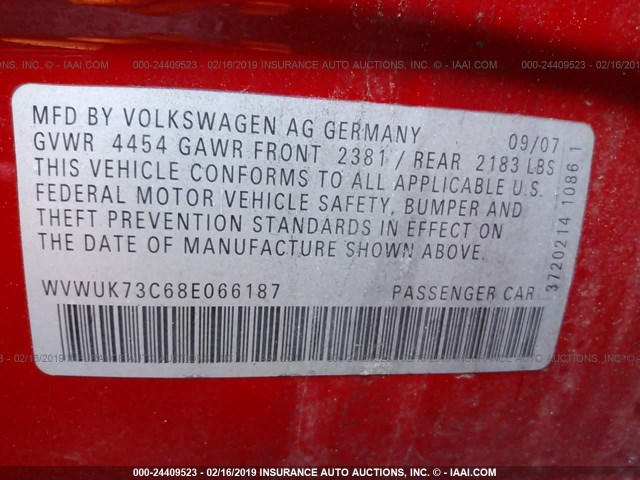 WVWUK73C68E066187 - 2008 VOLKSWAGEN PASSAT TURBO RED photo 9