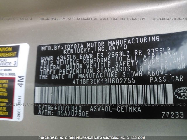 4T1BF3EK1BU602755 - 2011 TOYOTA CAMRY SE/LE/XLE 金色 照片 9