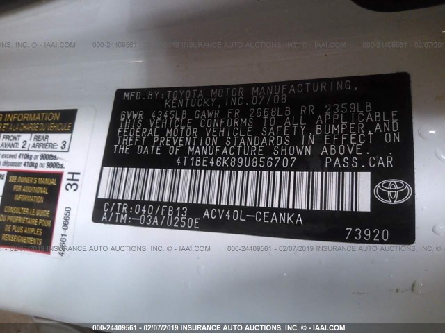 4T1BE46K89U856707 - 2009 TOYOTA CAMRY SE/LE/XLE თეთრი ფოტო 9